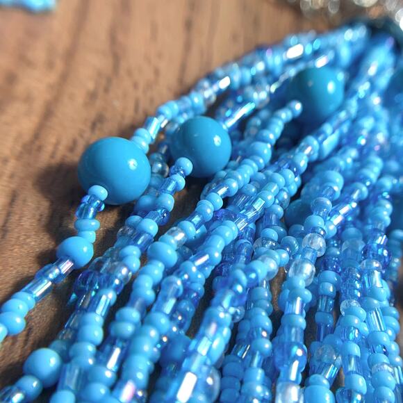 Vintage Multi Strand Blue Statement Glass Station Seed Bead Bib Collar Necklace - Picture 13 of 13